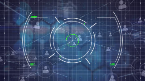 animation of network of connections with people icons over scope and binary coding data processing