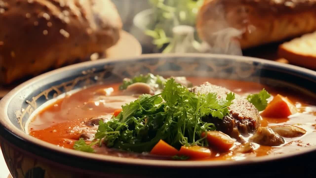 Close up of a bowl of steaming hot soup with fresh parsley