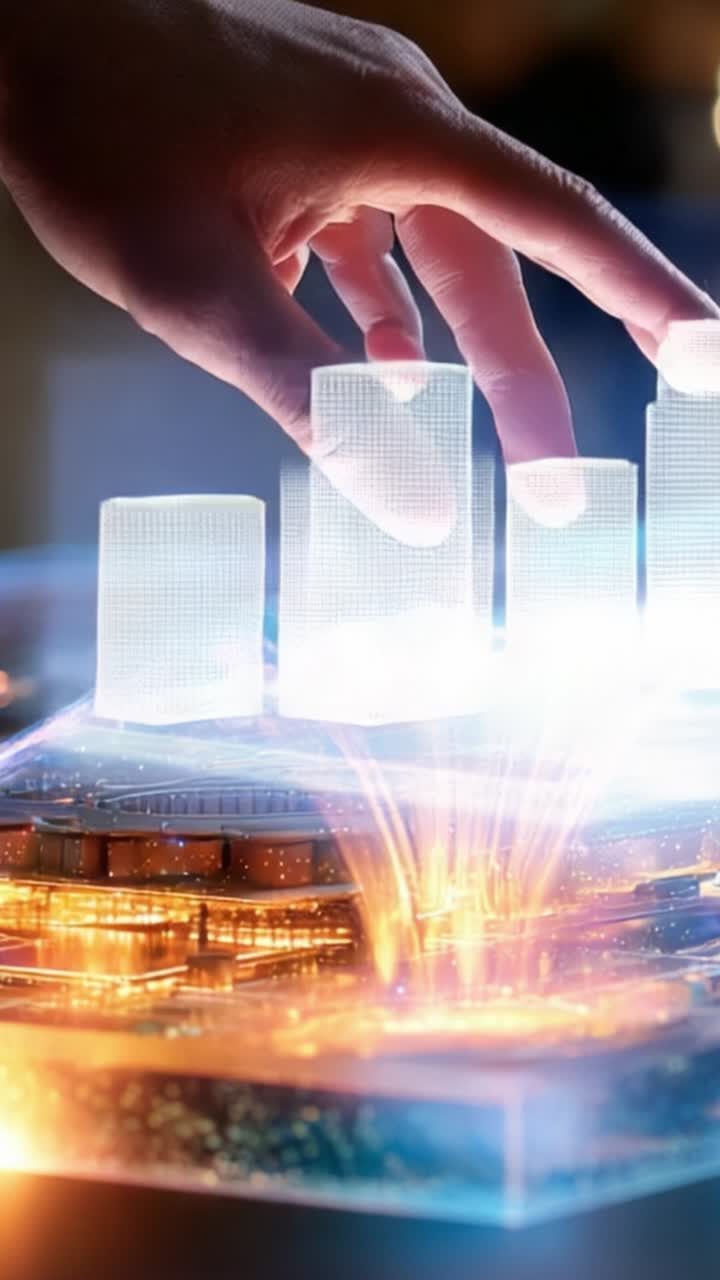 A hand interacting with a holographic city model, showcasing illuminated buildings and dynamic light effects that represent architectural design and innovation