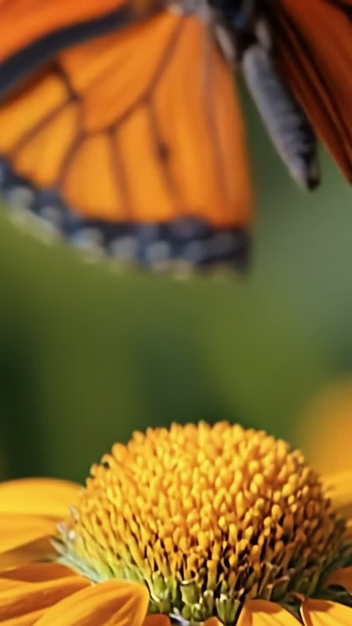 Monarch on bright yellow bloom. Monarch butterfly gracefully lands on a bright yellow flower in a sunny garden during late spring.