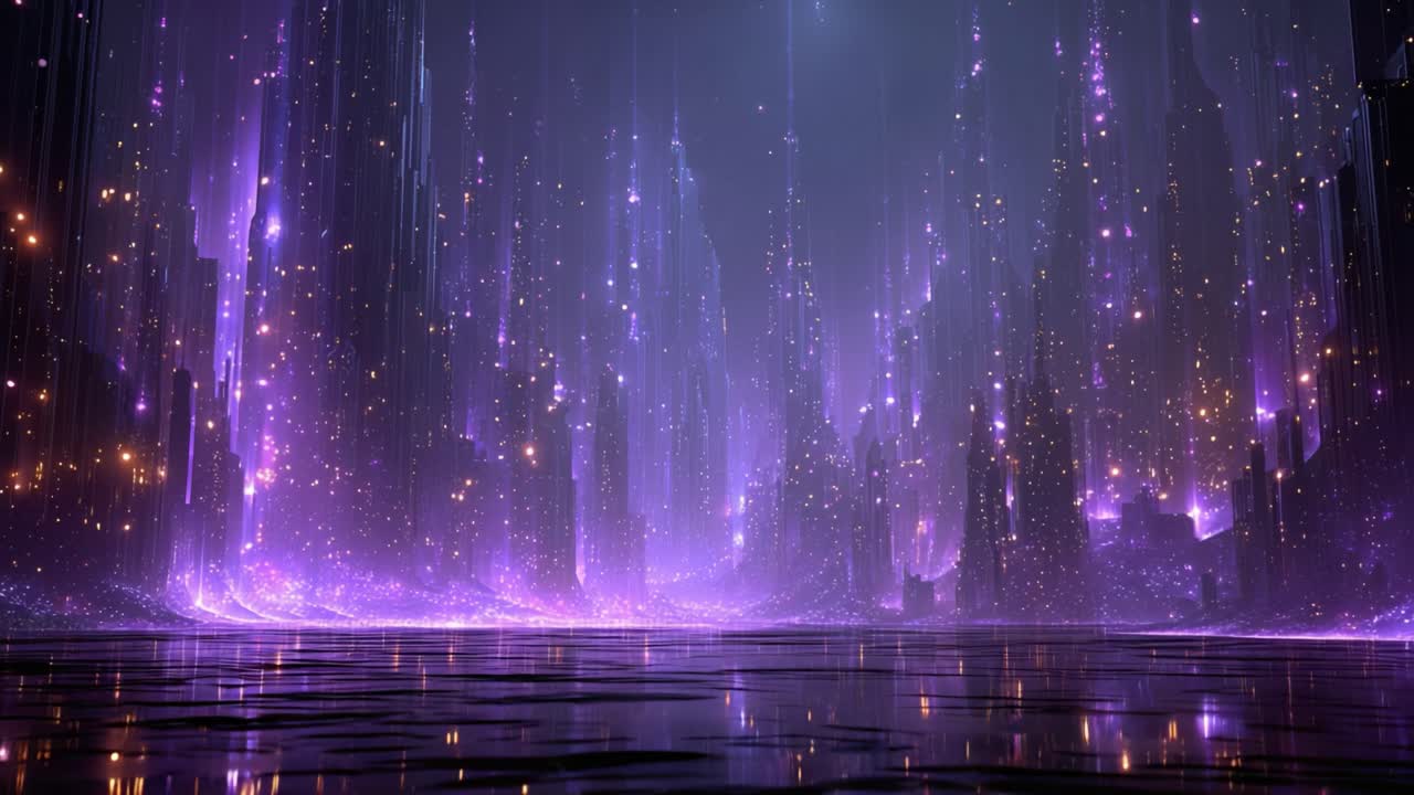 Magical abstract background featuring glowing purple and gold particles forming shimmering light curtains and falling onto a dark, reflective surface, creating an elegant and ethereal atmosphere