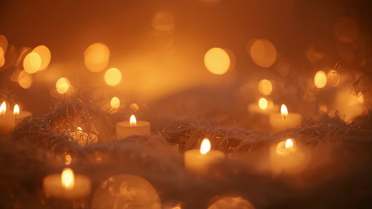 Framing candles, camera capturing flickering tealights on tinsel in dim room bokeh making calm glow
