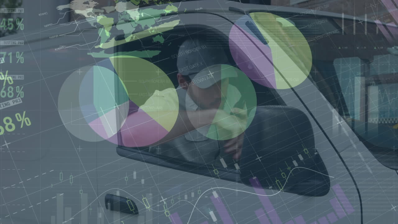 통계 및 금융 데이터 처리의 애니메이션 배달 남자와 밴