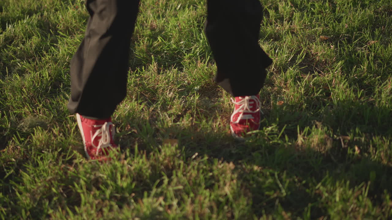 closeup red sneakers on green grass practicing fast footwork and crouched turns, loose black pants, sunlit park setting with playful upbeat energy, dancer rehearses freestyle steps, coachlike