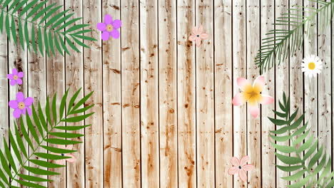 animation of tropical plant leaves and flowers on wooden background