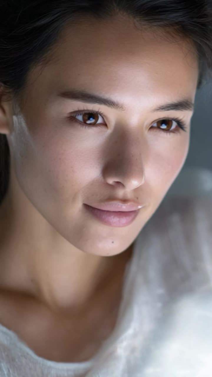 Close-Up Portrait of a Serene Woman with Natural Beauty, Soft Lighting Enhancing Her Smooth Skin, Exuding Calmness and Grace in a Minimalistic Setting