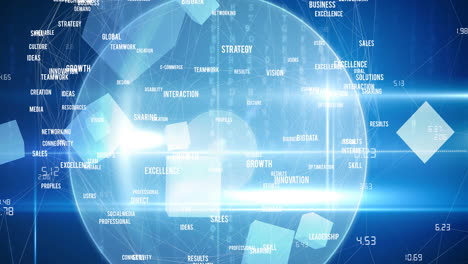 animation of network of connections with digital words over globe in background