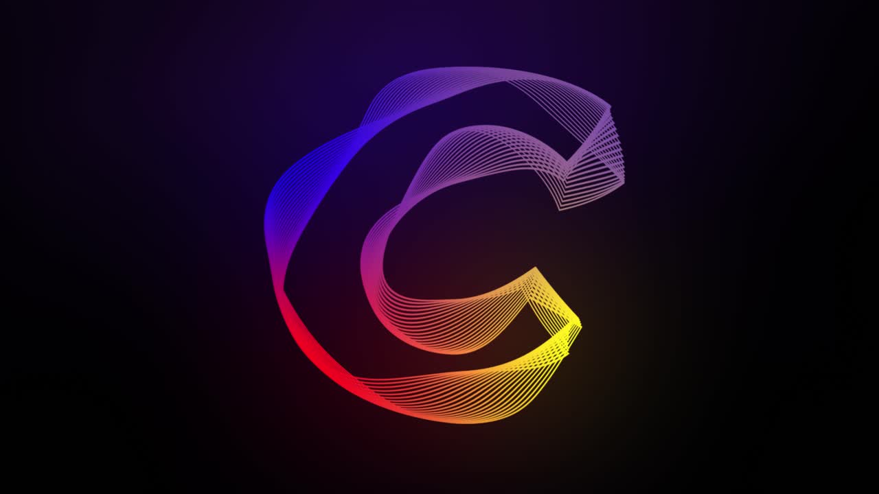3D Letter C swirling lines animation on dark gradient background abstract dynamic motion graphics particle glow typography visual effect rainbow digital alphabet
