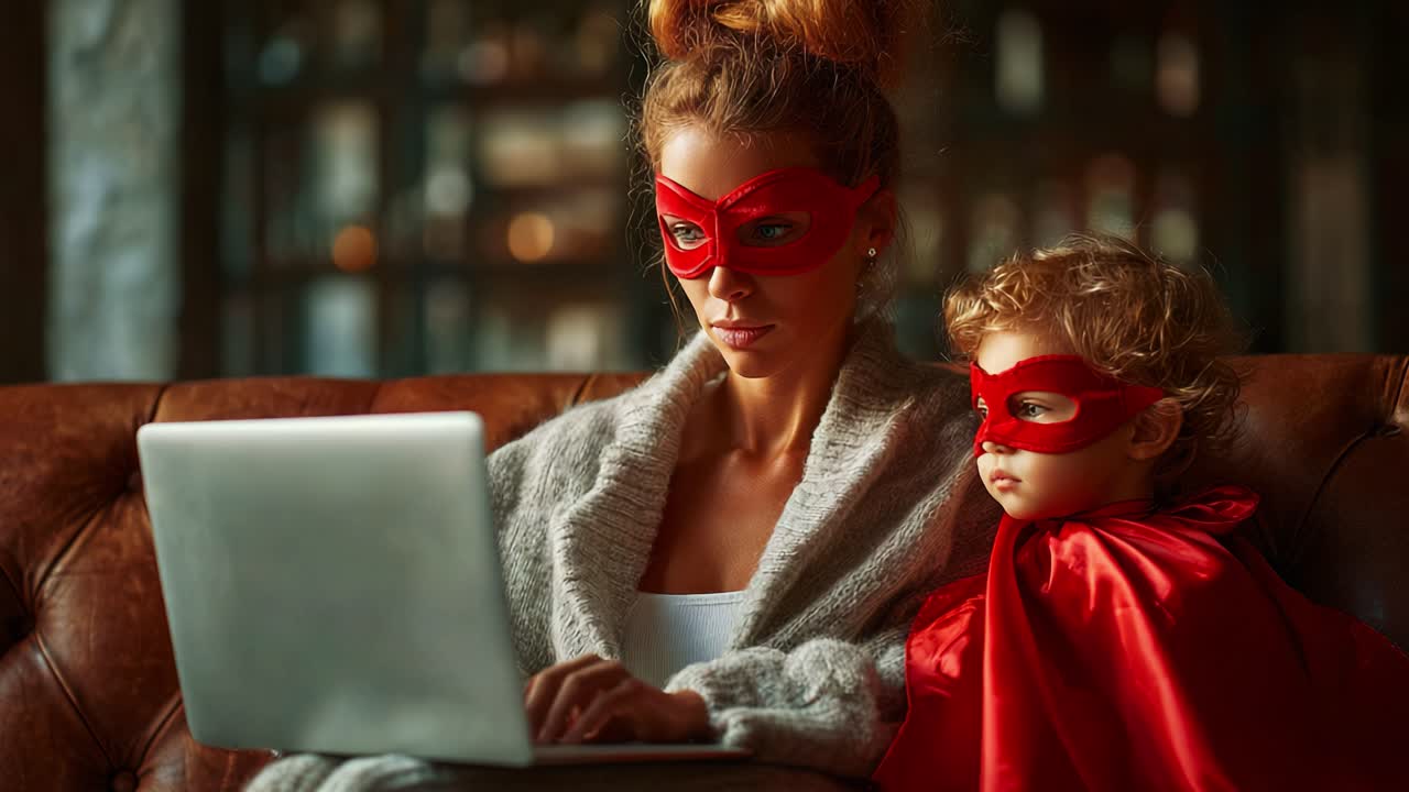 A dynamic duo embraces their superhero spirit, donning vibrant red masks and cozy attire while engaged in a digital adventure, showcasing the bond between parent and child