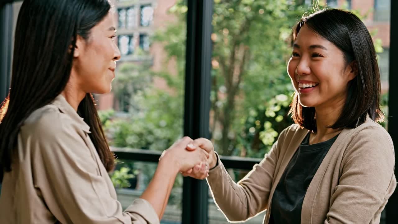 友好的に握手する2人の女性を、横のアングルから捉えました。