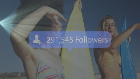 two women holding surfboards on sandy beach, showing animated follower count overlay for marketing