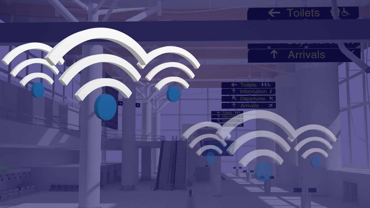 Animation of wifi digital icons floating over airport