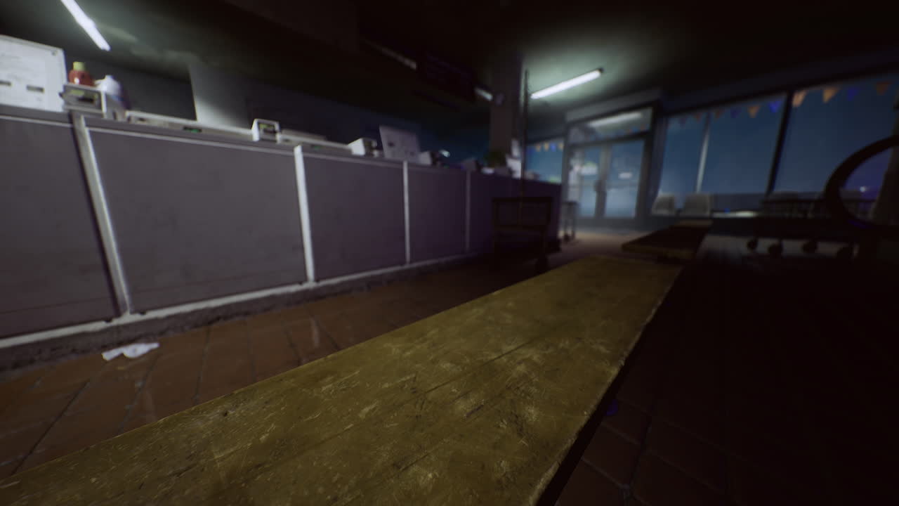 Dusk view of a quiet cafe preparing for evening service with dim lighting