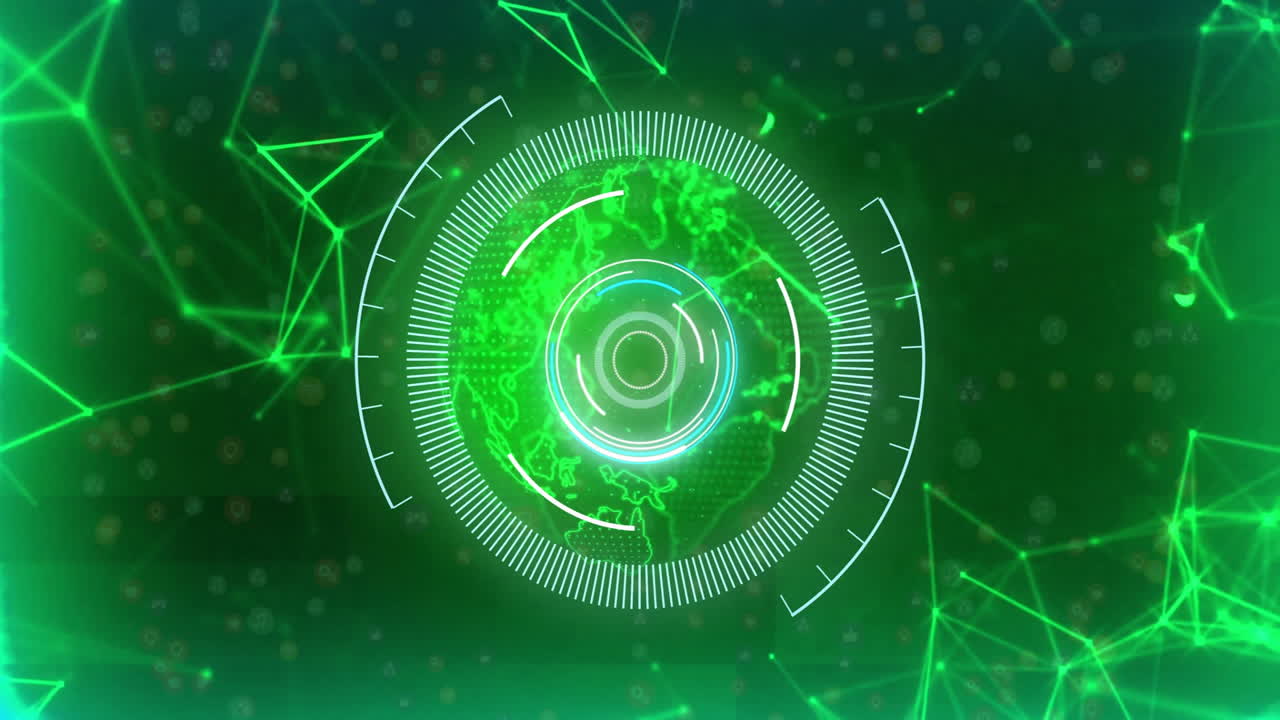 Rotating digital globe and geometric shapes, futuristic data visualization animation