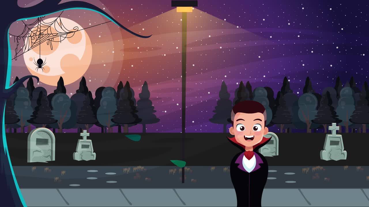 Hyvää Halloweenia: animoitu kohtaus, jossa kreivi Dracula hautausmaalla.