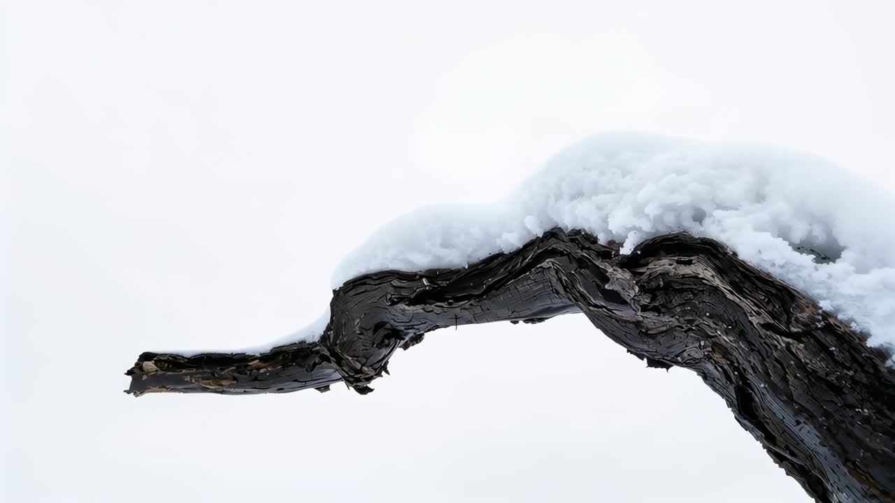 Reagerer på subtile omposisjoneringer av kameraet, knudrete tregreiner som holder snø mot blek himmel