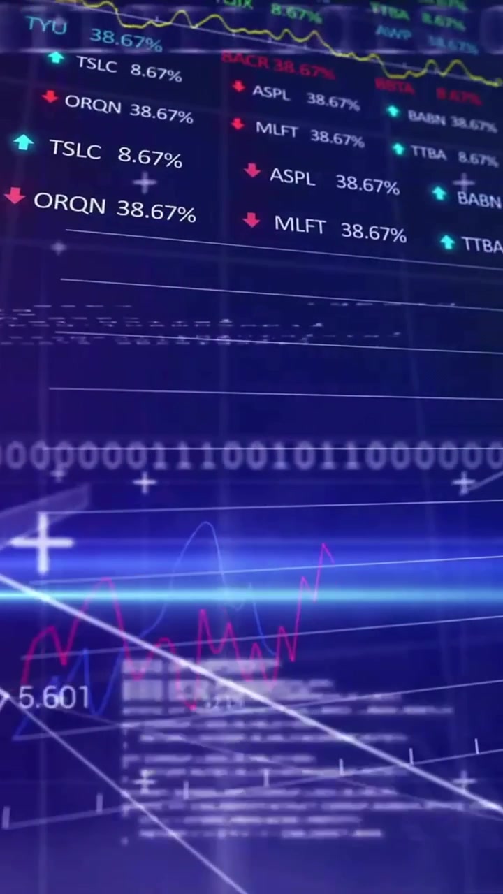 Animazione di elaborazione dati finanziari su griglia su sfondo scuro