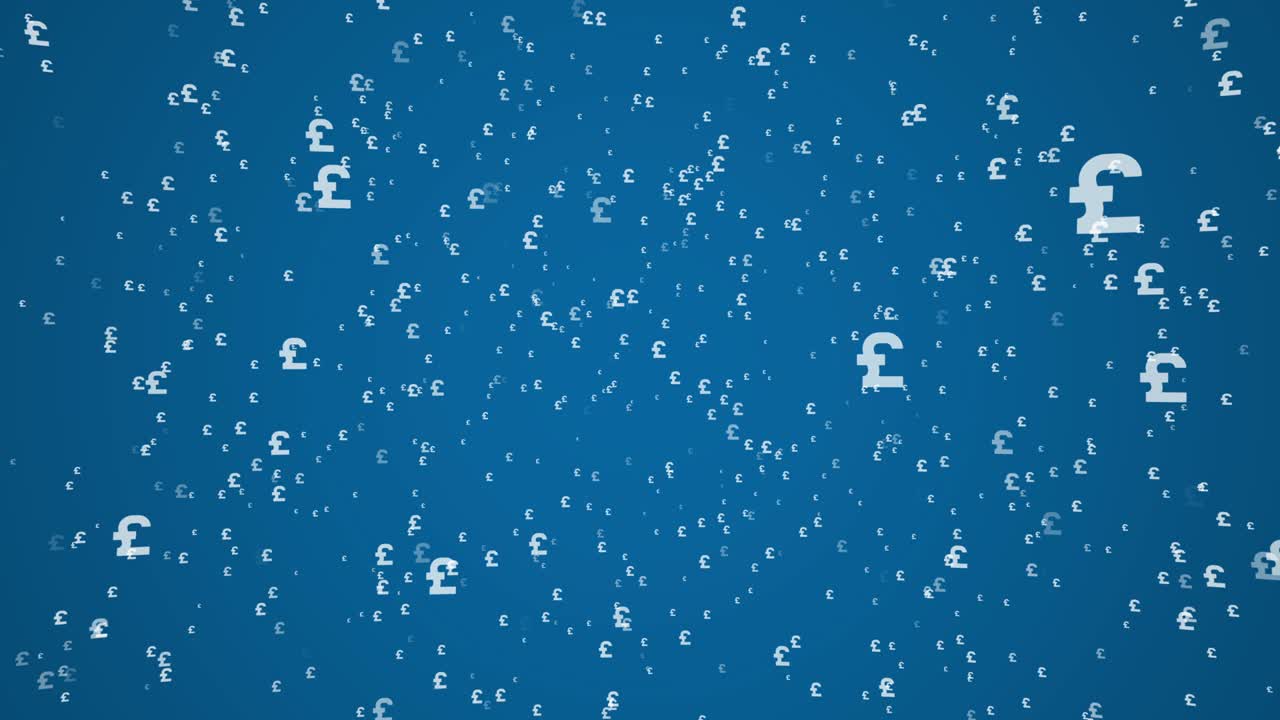 青い背景に白い英国ポンド通貨記号が降る。シンプルなシームレスループのビジネスモーショングラフィックアニメーション要素。