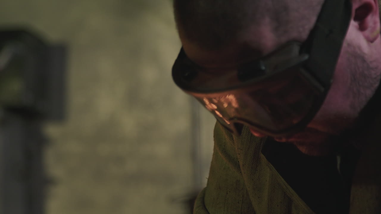 Close Up Of Bearded Welder In Protective Eyeglasses
