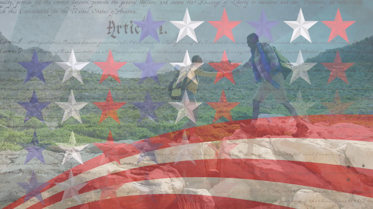 줄무 ⁇ 와 별의 애니메이션이 커플 하이킹을 이동하고 있습니다.