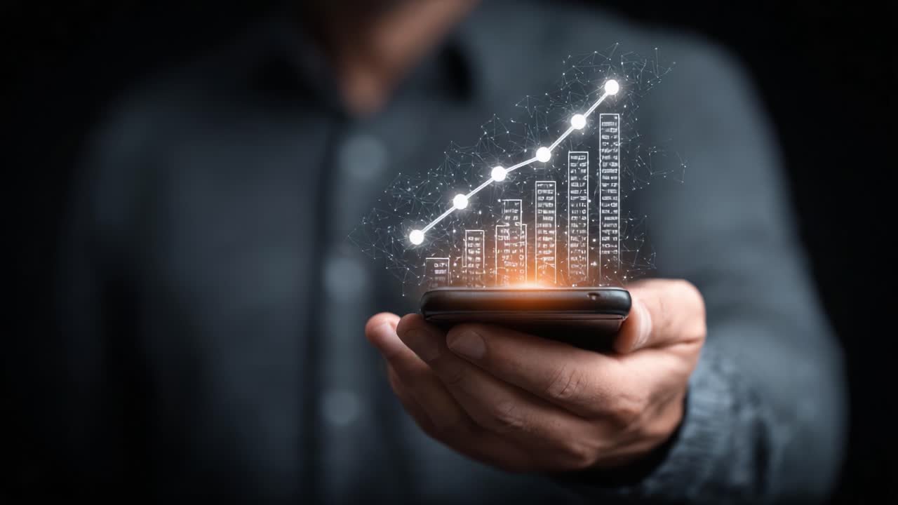 A Person Holding a Smartphone Displays a Dynamic Growth Chart with Data Metrics, Showcasing Financial Progress and Technological Advancement in a Modern Environment