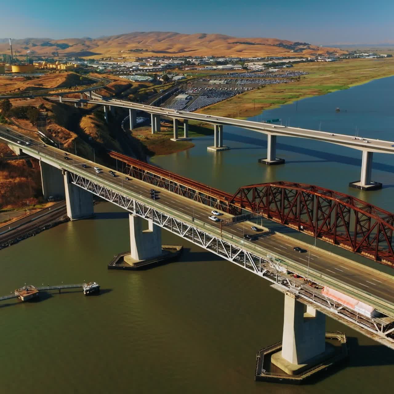 Martinez bridge connecting to Benicia aerial view. Steel usa california bridge