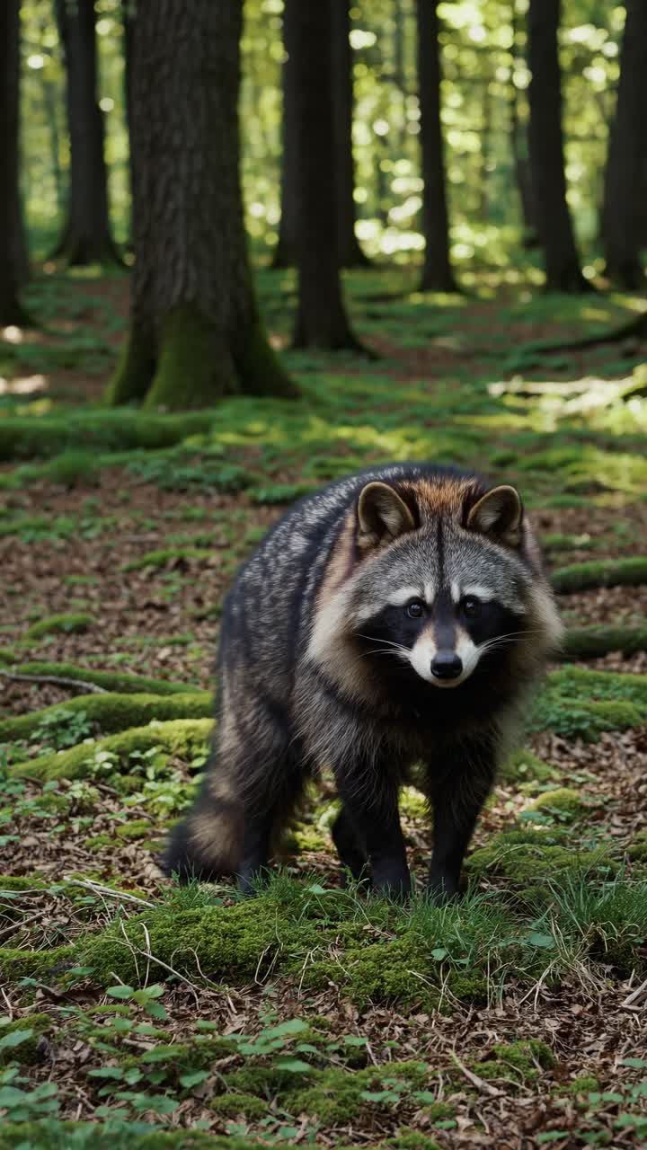 A raccoon in a lush forest, captured at eye level. The scene resembles a nature documentary video