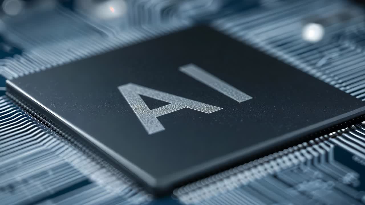 Starting camera pan revealing square AI chip in studio to highlight AI marking, solder pins