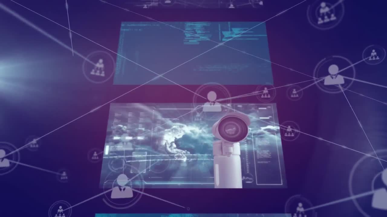 Animation of network of connections over moving screens on dark blue background