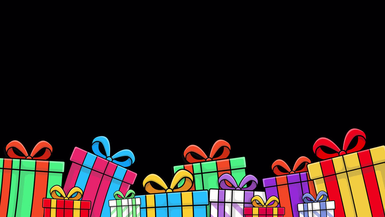 Cofanetti regalo animati colorati con fiocchi su sfondo nero