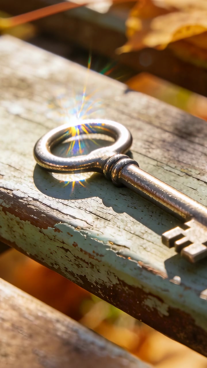 Vertical video: Sunlight shifting, camera moving closer, key showing patina on bench for marketing
