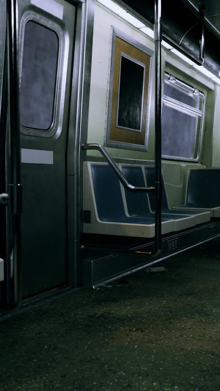 Interni di una carrozza della metropolitana vuota durante le ore notturne in ambiente urbano