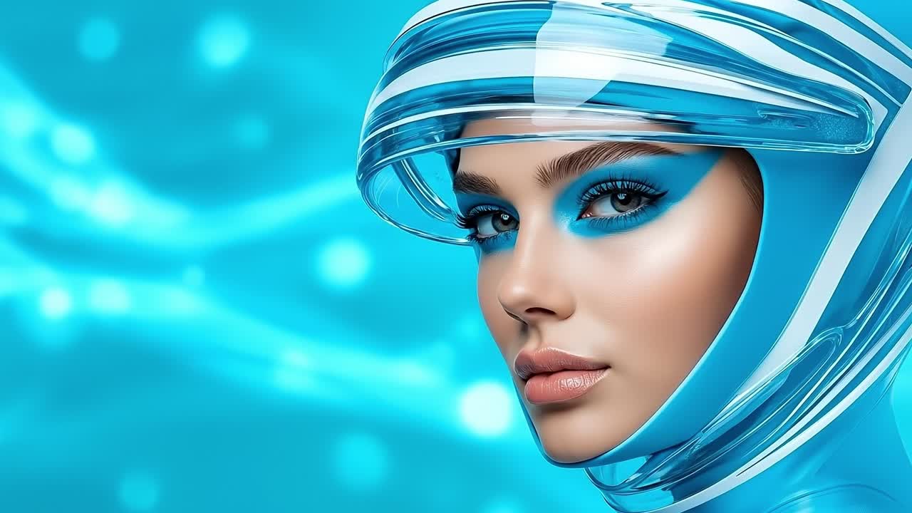 A woman in a futuristic blue suit with a futuristic helmet on her head