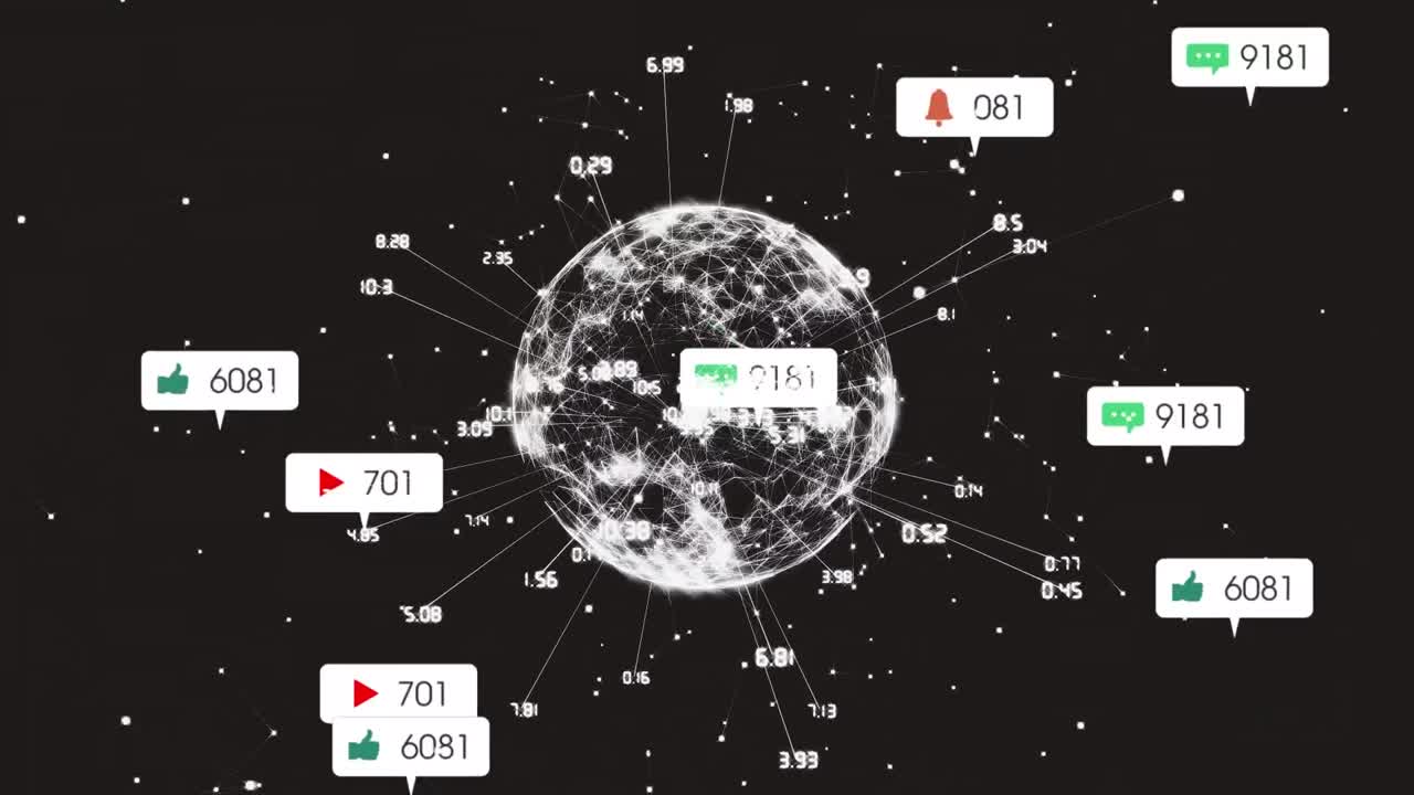 검은색 배경에 지구를 둘러싼 숫자와 선 위의 알림 바의 애니메이션