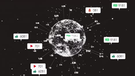 Animation-Von-Benachrichtigungsleisten-über-Zahlen-Und-Linien-Rund-Um-Den-Globus-Vor-Schwarzem-Hintergrund