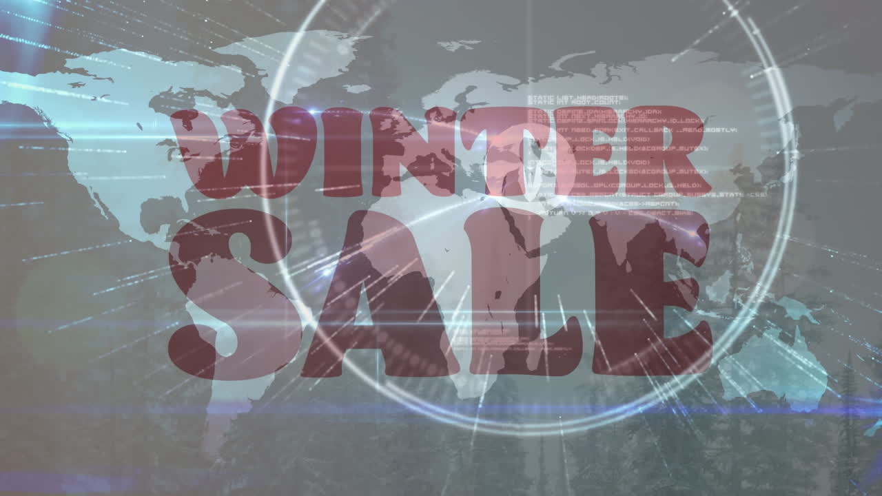 텍스트 겨울 판매의 애니메이션, 연결 네트워크와 함께 세계 지도를 통해