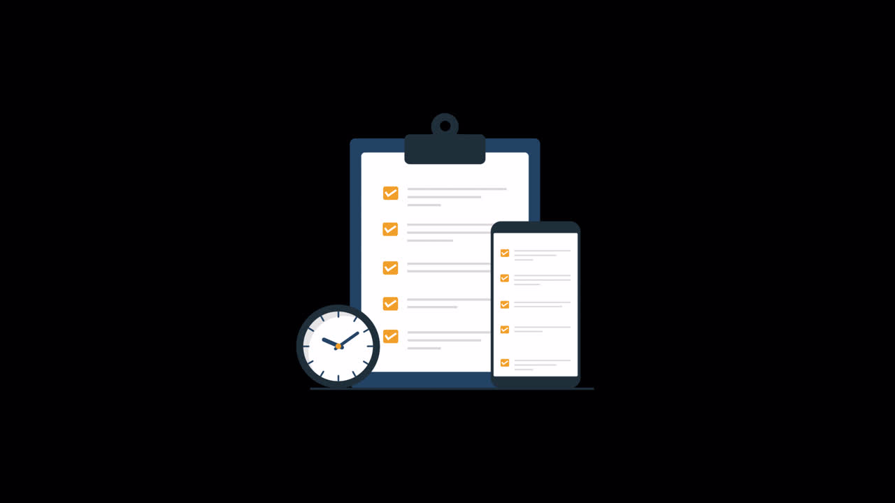 Animated Checklist on Clipboard and Smartphone with Clock