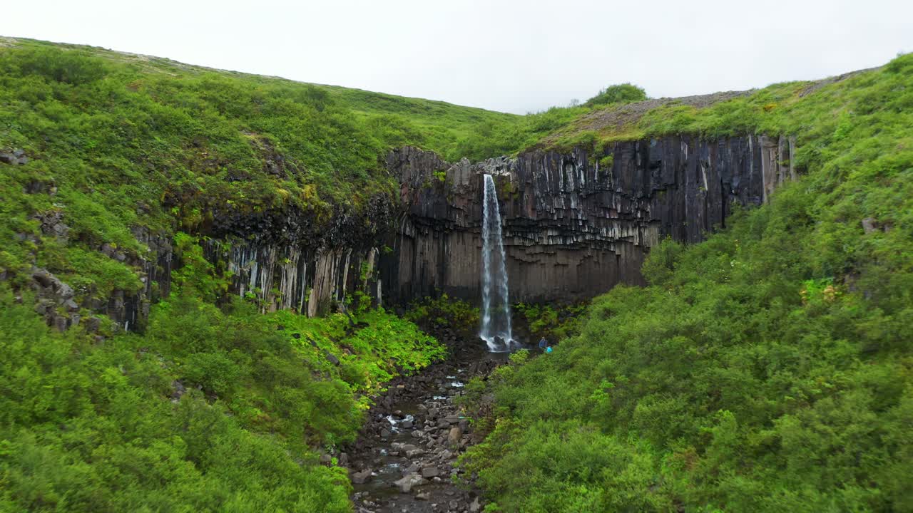 maravillosa cascada de svartifoss con columnas de basalto negro en el sur de islandia - toma aérea de drones