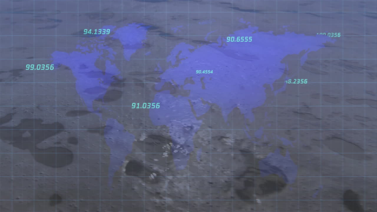 Animation of blue world map with numerical data on lunar surface background