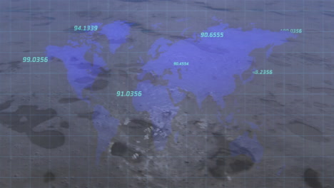 animation of blue world map with numerical data on lunar surface background