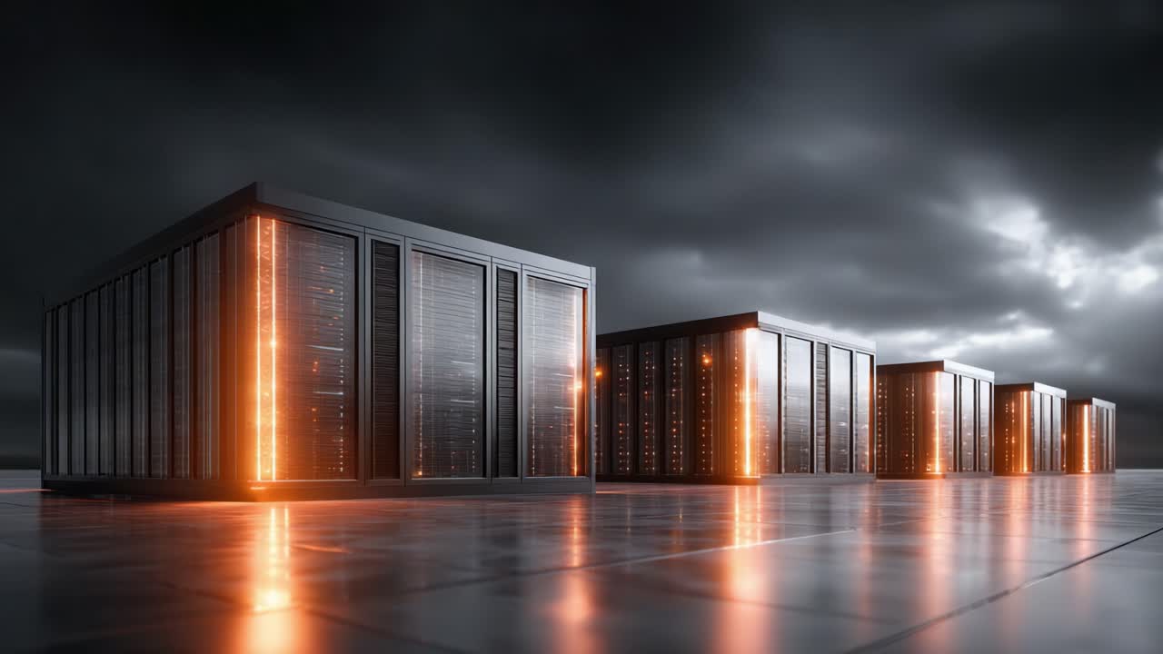 Et futuristisk datacenter under mystiske skyer, der viser avanceret teknologi med glødende servere og et poleret, reflekterende gulv