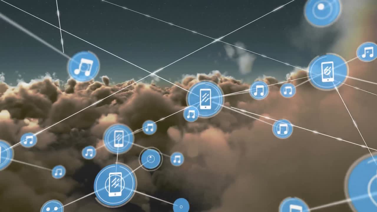 red de iconos digitales contra las nubes en el cielo
