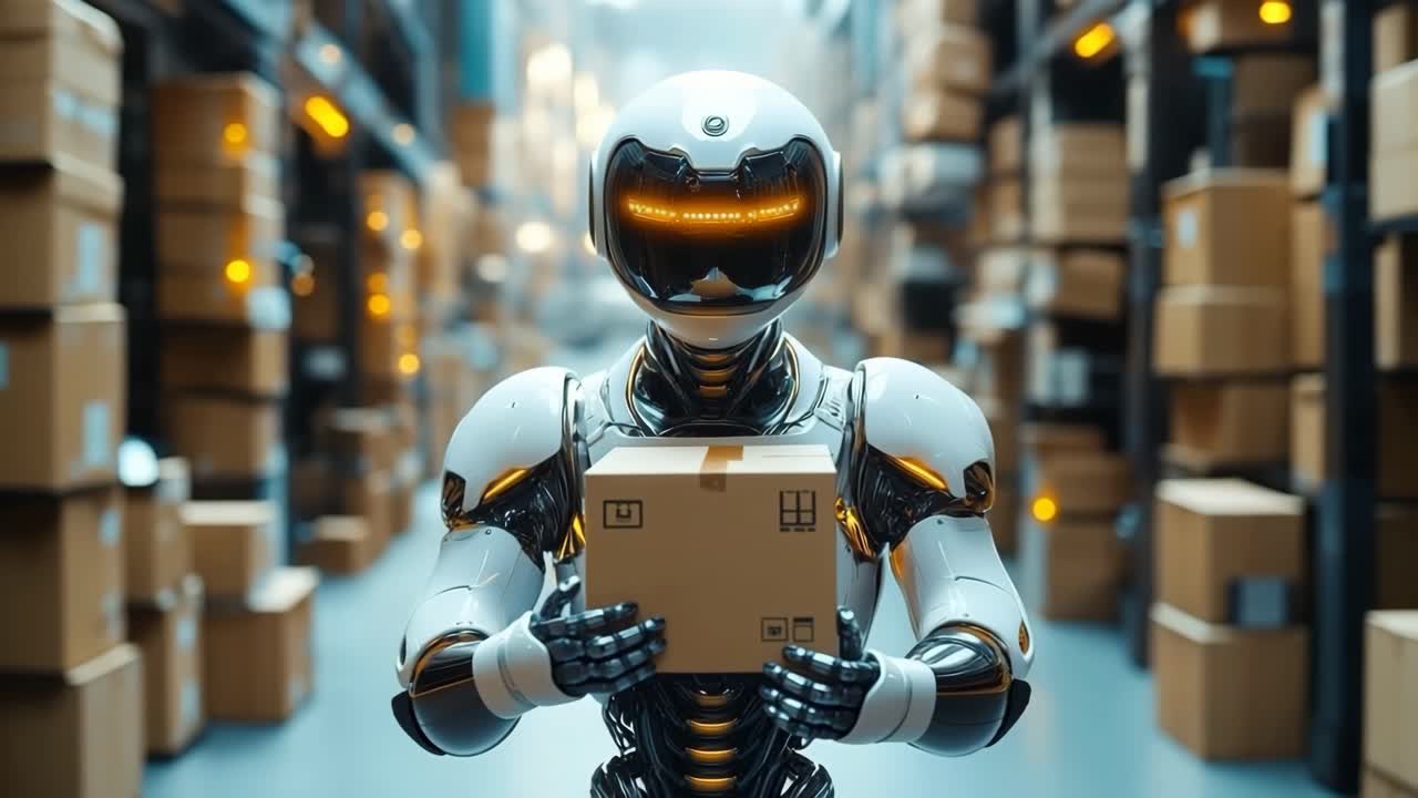 Robot handling packages in a warehouse. A humanoid robot moves through a warehouse, holding a brown cardboard box among organized shelves filled with packages.