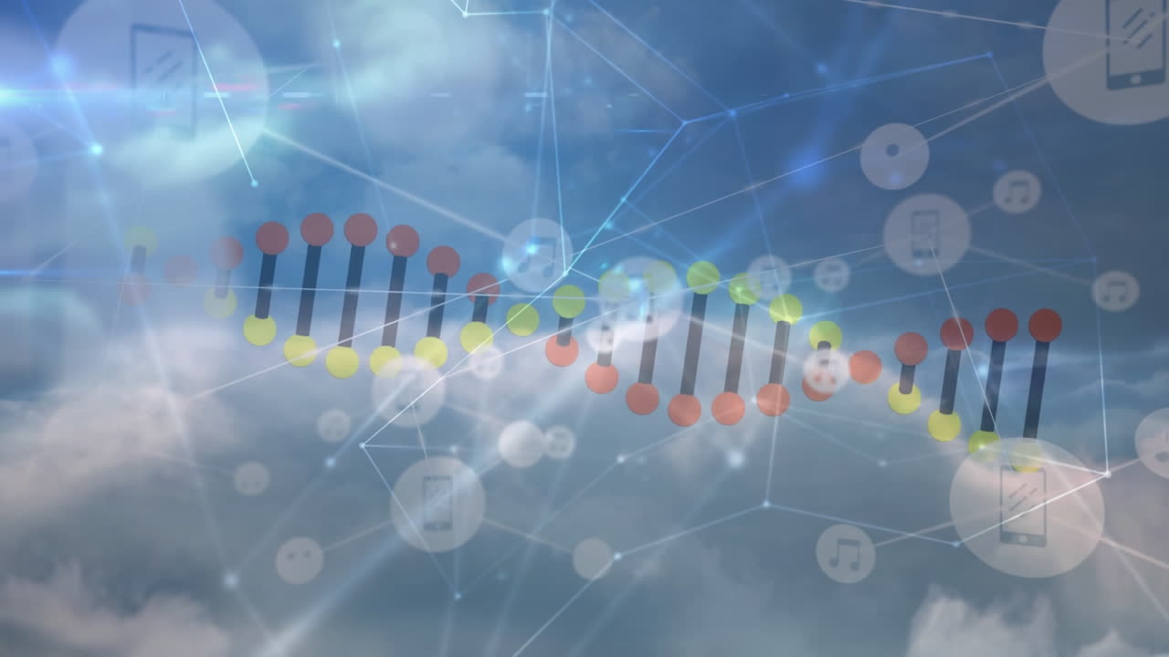 연결 네트워크를 통해 dna 가닥 회전과 아이콘의 애니메이션