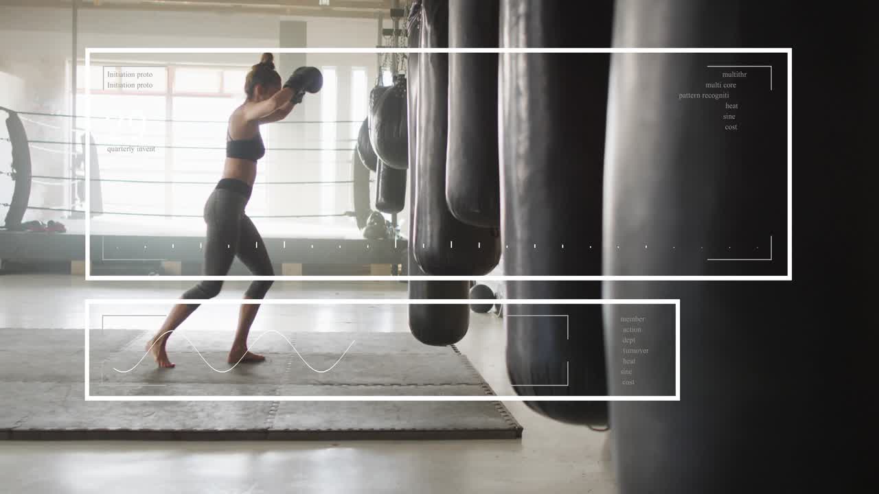 Female boxer stepping forward, throwing jabs and crosses at heavy bags, HUD showing metrics