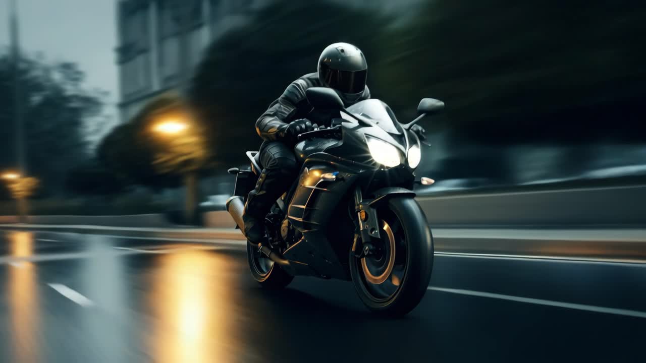Dynamic low-angle video shot of a motorcyclist speeding through a wet city street at night