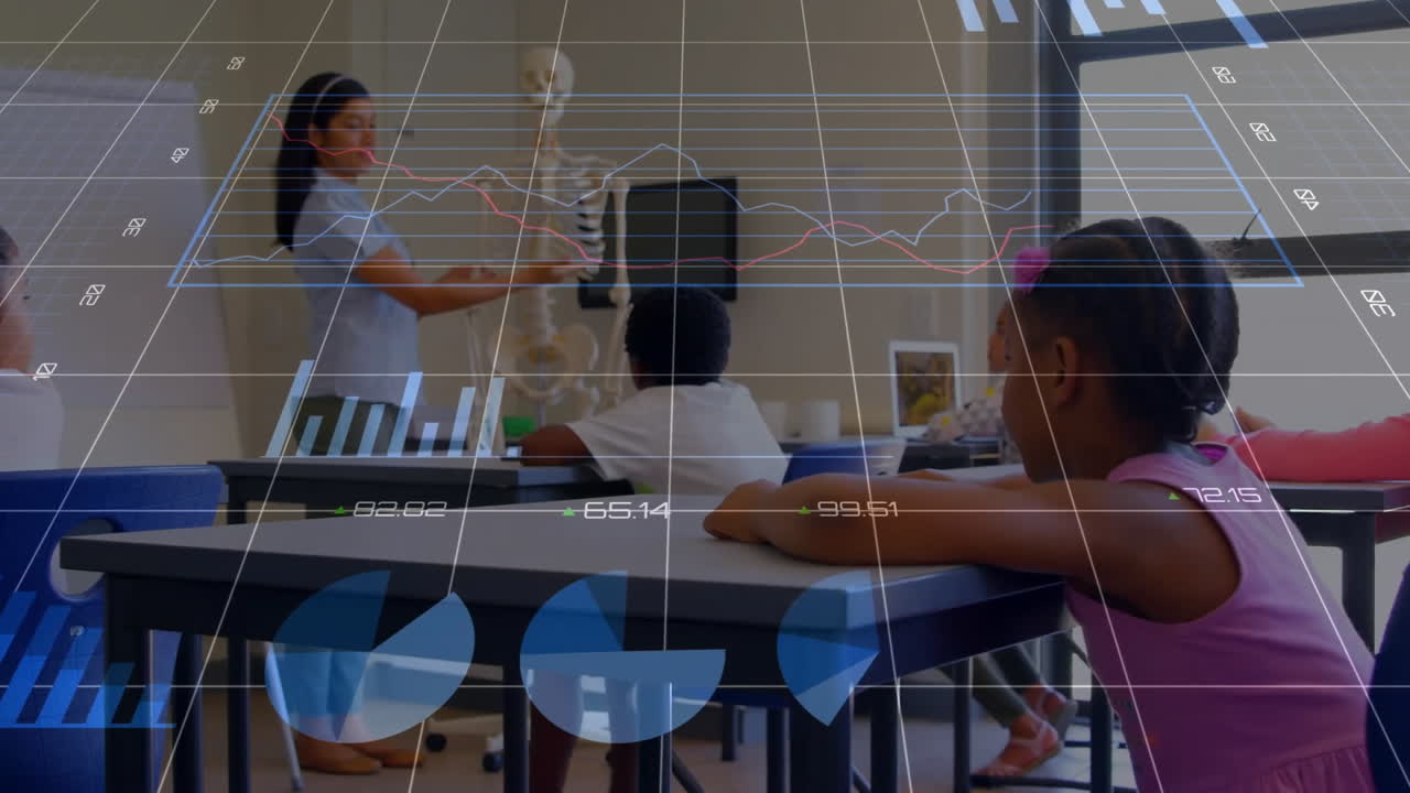 Animation of financial data processing over diverse schoolchildren and teacher in classroom