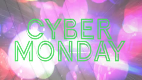 animación digital de verde cyber lunes venta de texto banner contra puntos de luz de colores