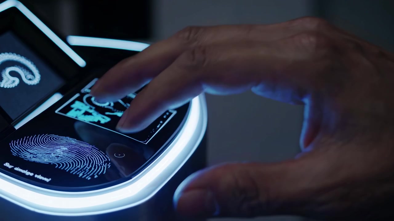 Person Interacting with Futuristic Biometric Security Scanner