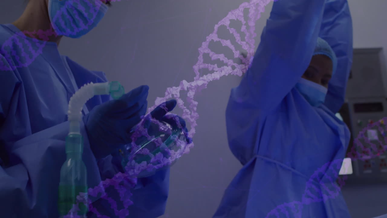Animation of dna strands over diverse surgeons during operation
